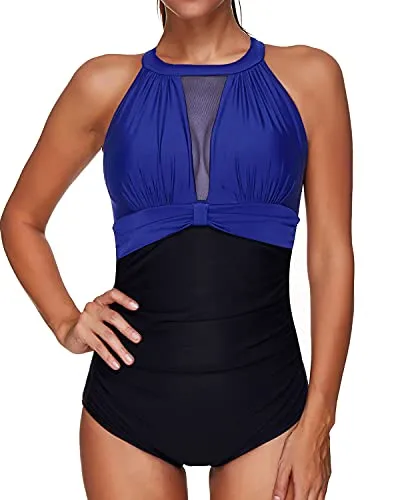 Fashionable Ruched Women's One Piece Swimwear-Royal Blue And Black