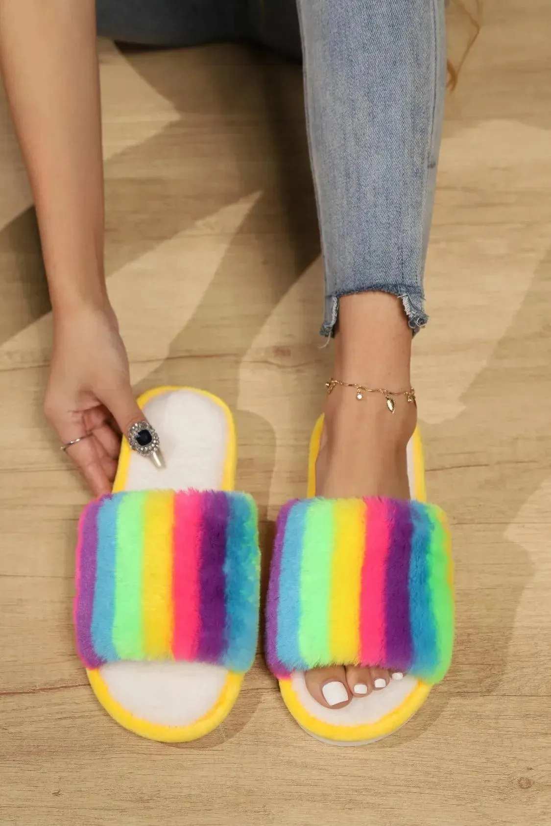Faux Fur Color Block Open Toe PVC Slides