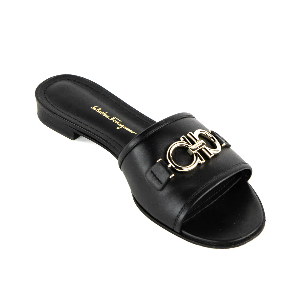 Ferragamo Black Leather Gancini Slides Size US 8.5