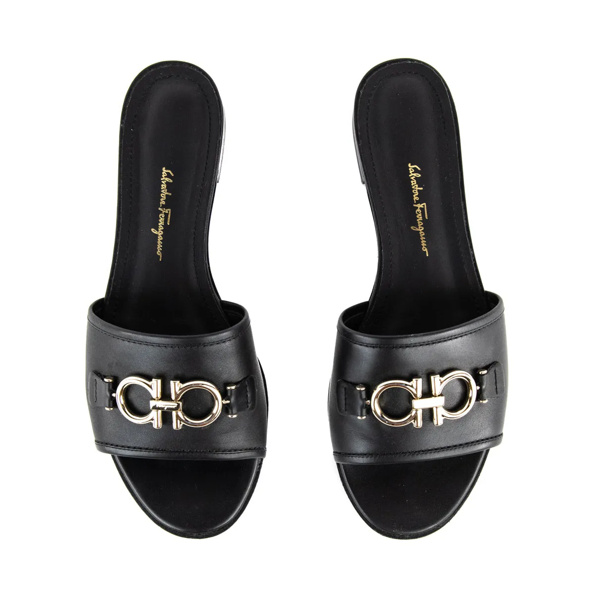 Ferragamo Black Leather Gancini Slides Size US 8.5