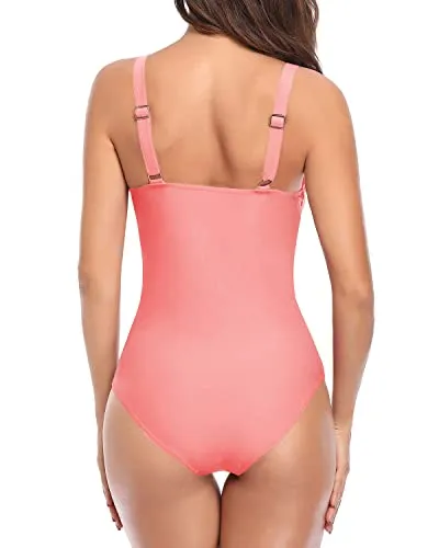 Figure Flattering High Cut Full Coverage One Piece Swimsuits-Coral Pink