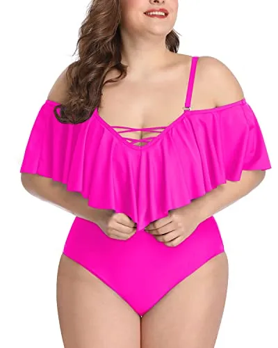 Flattering Tummy Control Cold Shoulder Plus Size Bathing Suits-Neon Pink