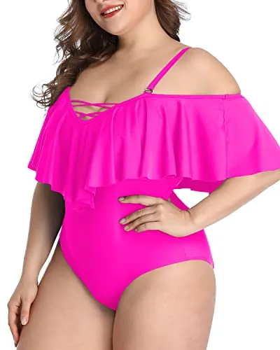Flattering Tummy Control Cold Shoulder Plus Size Bathing Suits-Neon Pink