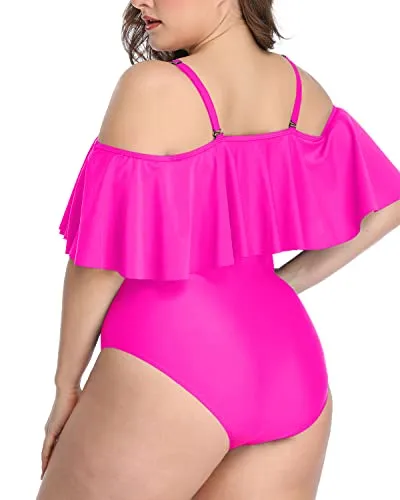 Flattering Tummy Control Cold Shoulder Plus Size Bathing Suits-Neon Pink