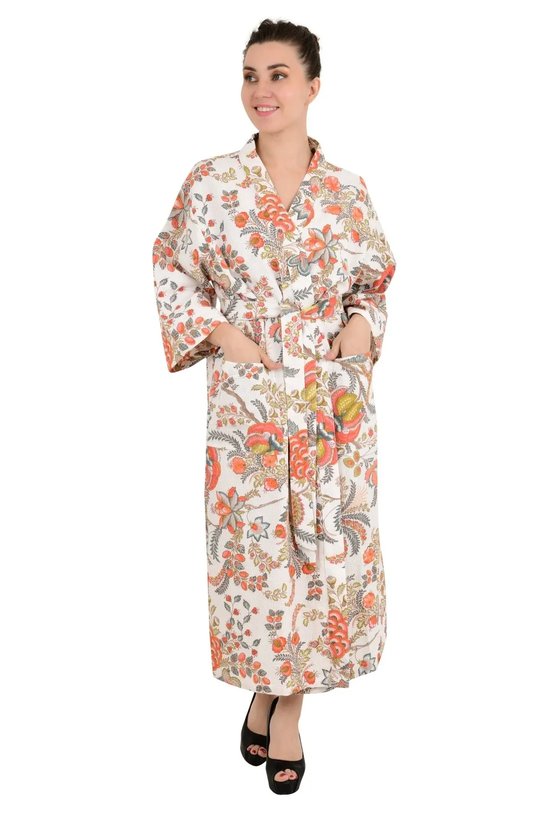Floral Botanical Pure Waffle Cotton Handprinted Kimono | Perfect Summer House Bath Robe Floral Spa, Beach Coverup Bloom Botanical For Her