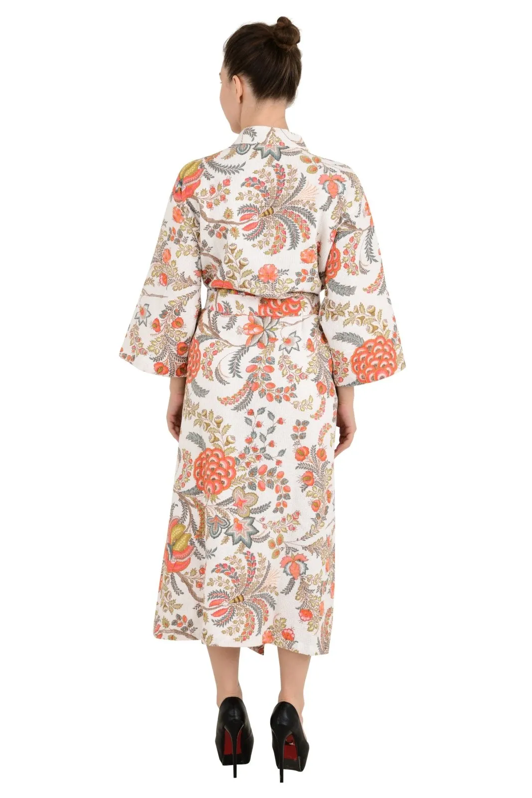 Floral Botanical Pure Waffle Cotton Handprinted Kimono | Perfect Summer House Bath Robe Floral Spa, Beach Coverup Bloom Botanical For Her