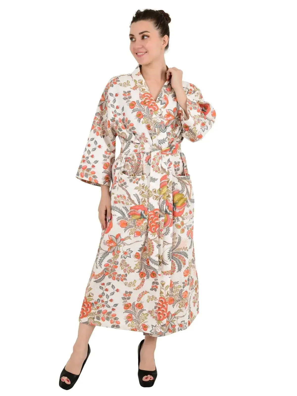 Floral Botanical Pure Waffle Cotton Handprinted Kimono | Perfect Summer House Bath Robe Floral Spa, Beach Coverup Bloom Botanical For Her
