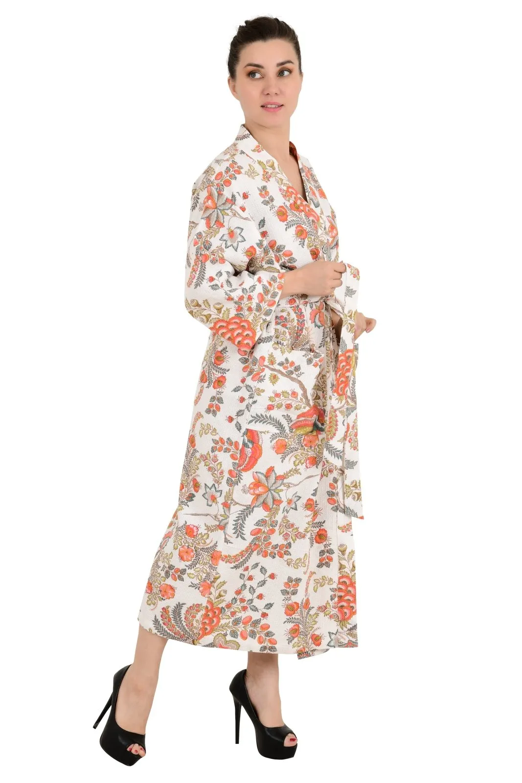 Floral Botanical Pure Waffle Cotton Handprinted Kimono | Perfect Summer House Bath Robe Floral Spa, Beach Coverup Bloom Botanical For Her