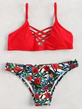 Floral Print Crisscross Bikini Set