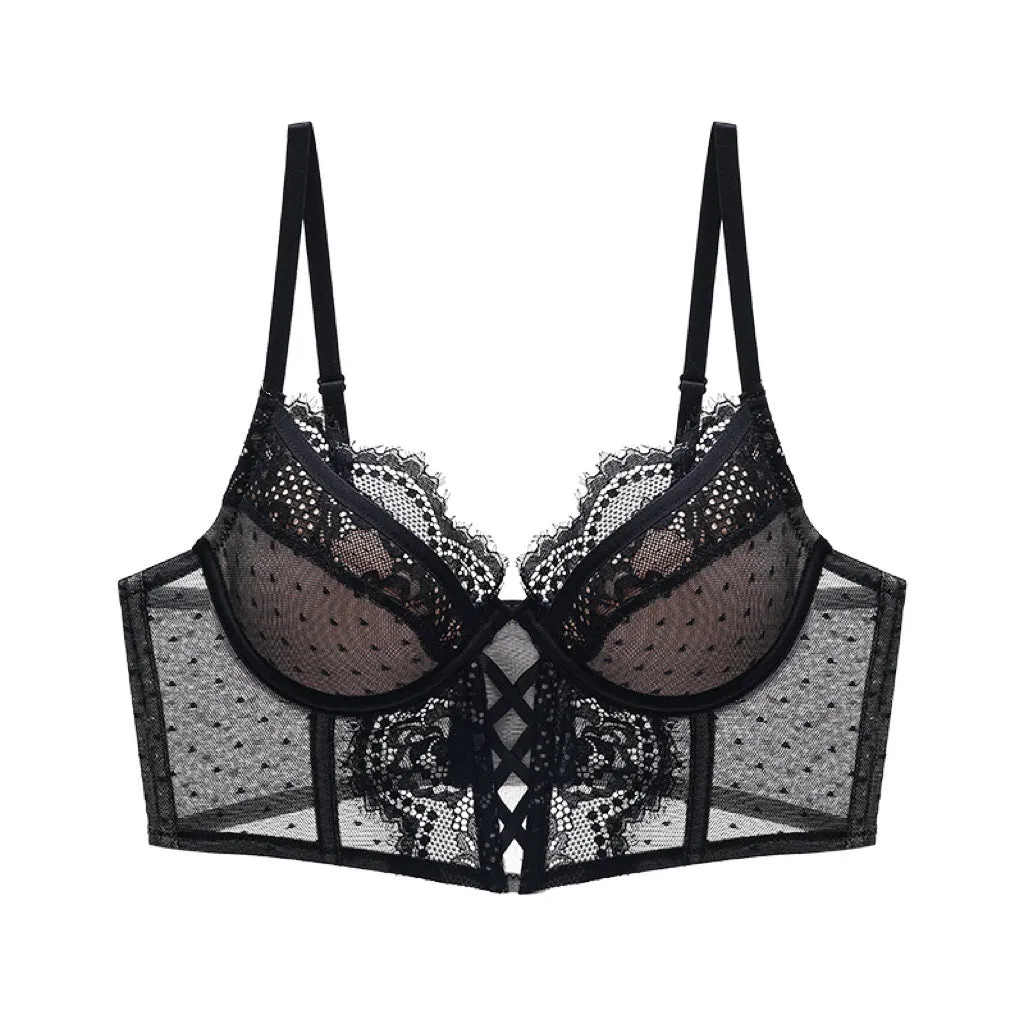 French Transparent Lace Corset Thin Cup Soft Steel Ring Boning Corset Push-up Bra Set