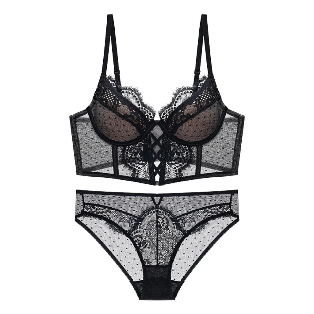 French Transparent Lace Corset Thin Cup Soft Steel Ring Boning Corset Push-up Bra Set