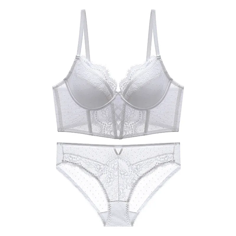 French Transparent Lace Corset Thin Cup Soft Steel Ring Boning Corset Push-up Bra Set
