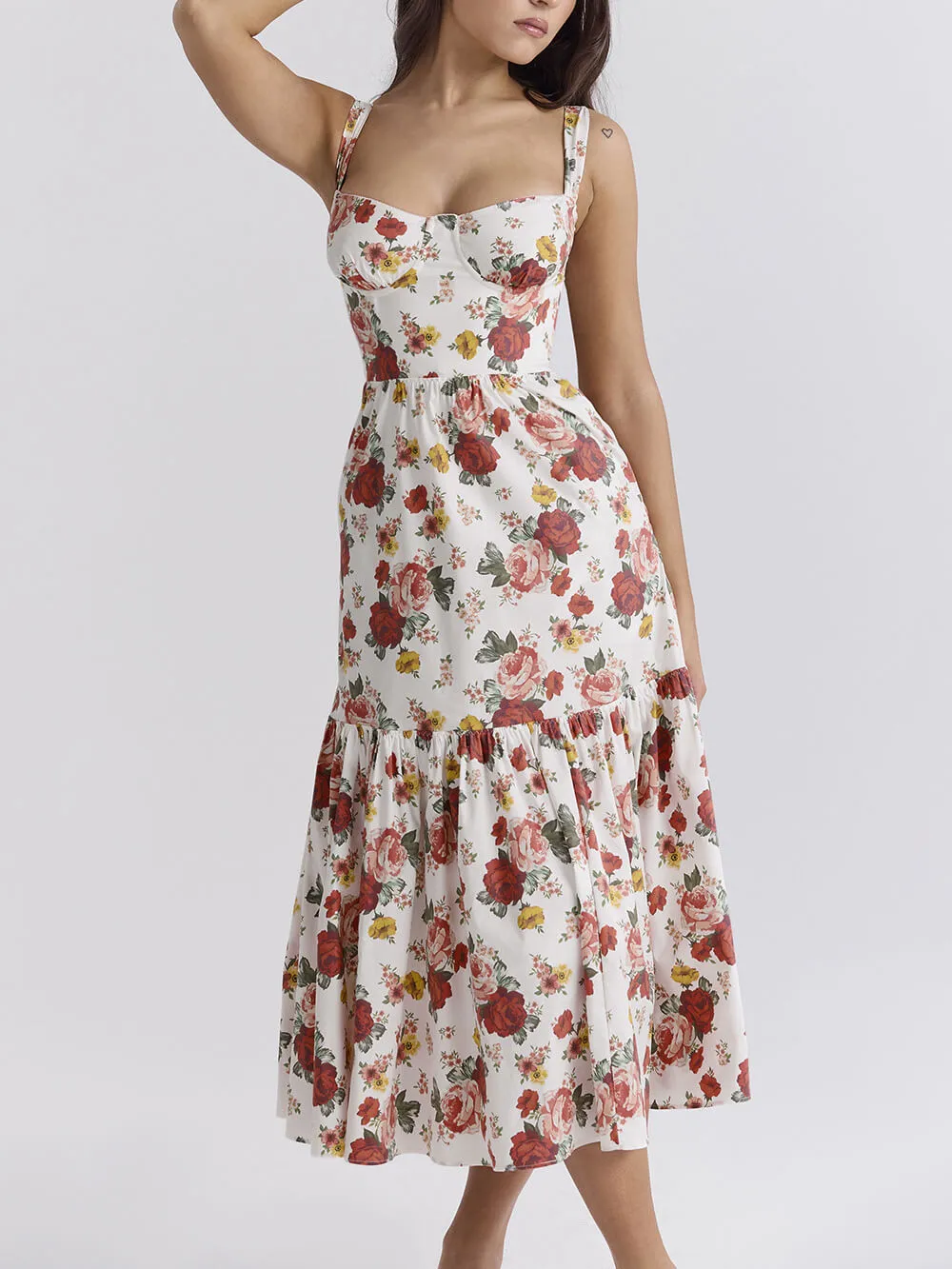 Fryda - Robe midi florale à dos nu style doux