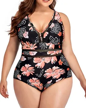 Full Coverage See Through Plus Size One Piece Swimsuit-Black Orange Floral