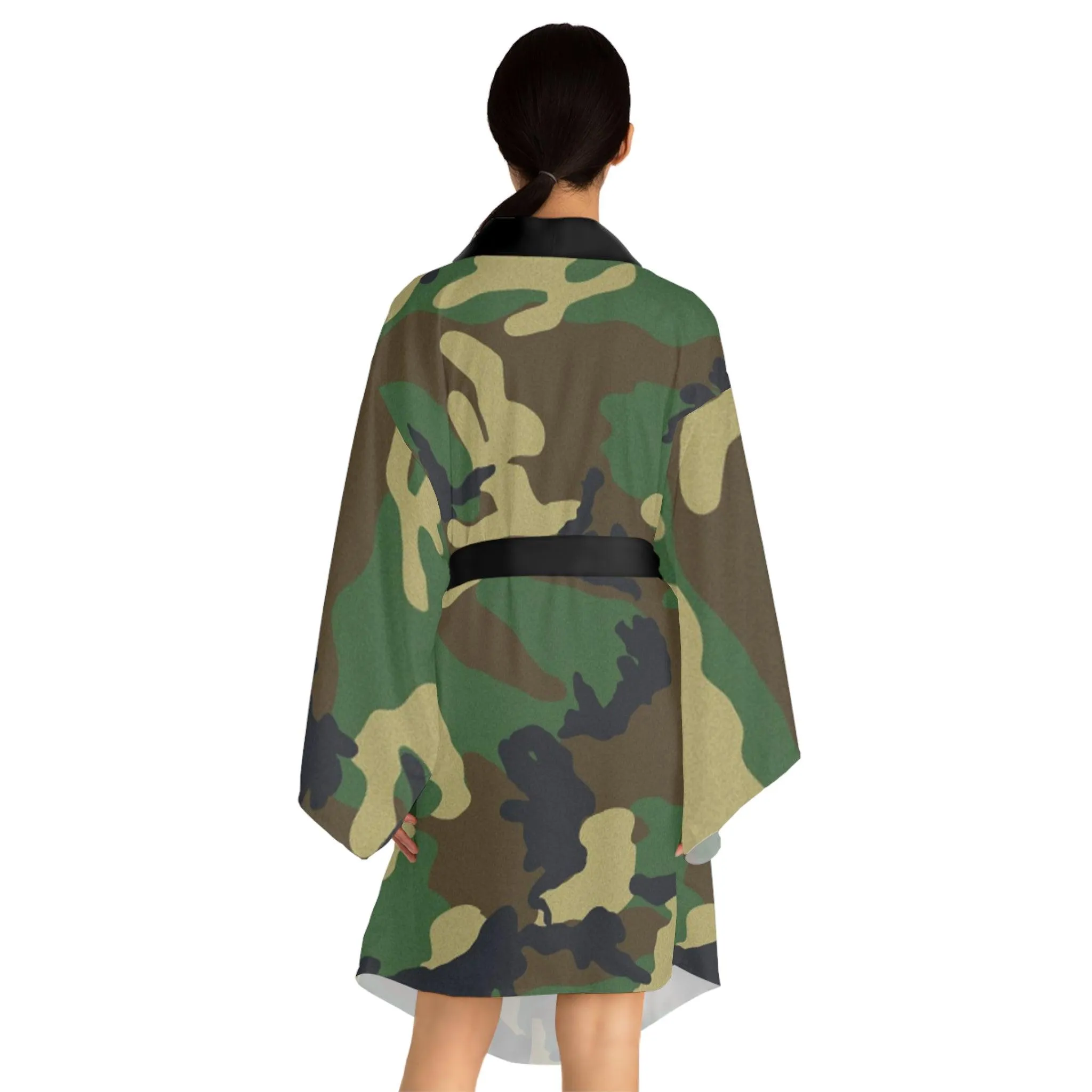 Green Black Camouflage Long Sleeve Kimono Robe