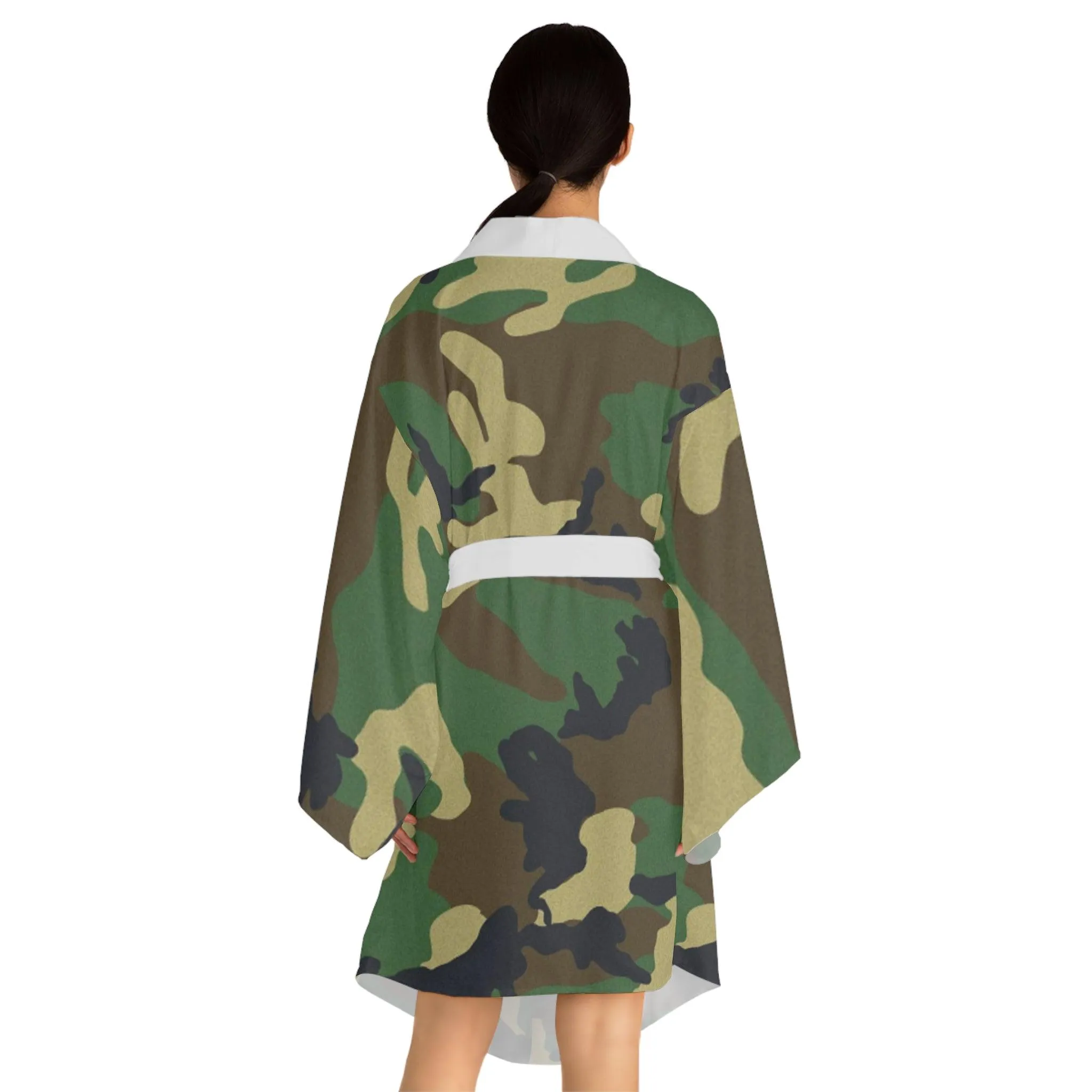 Green Black Camouflage Long Sleeve Kimono Robe