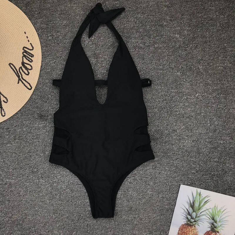 Halter Black V Neck Cutout Low Back High Cut Swimsuits