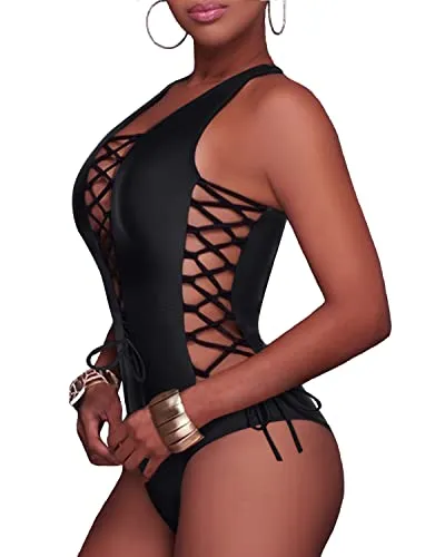 High Cut Legs Cross Back Bathing Suits-Black