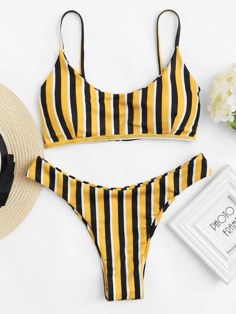 High Leg Striped Bikini Set