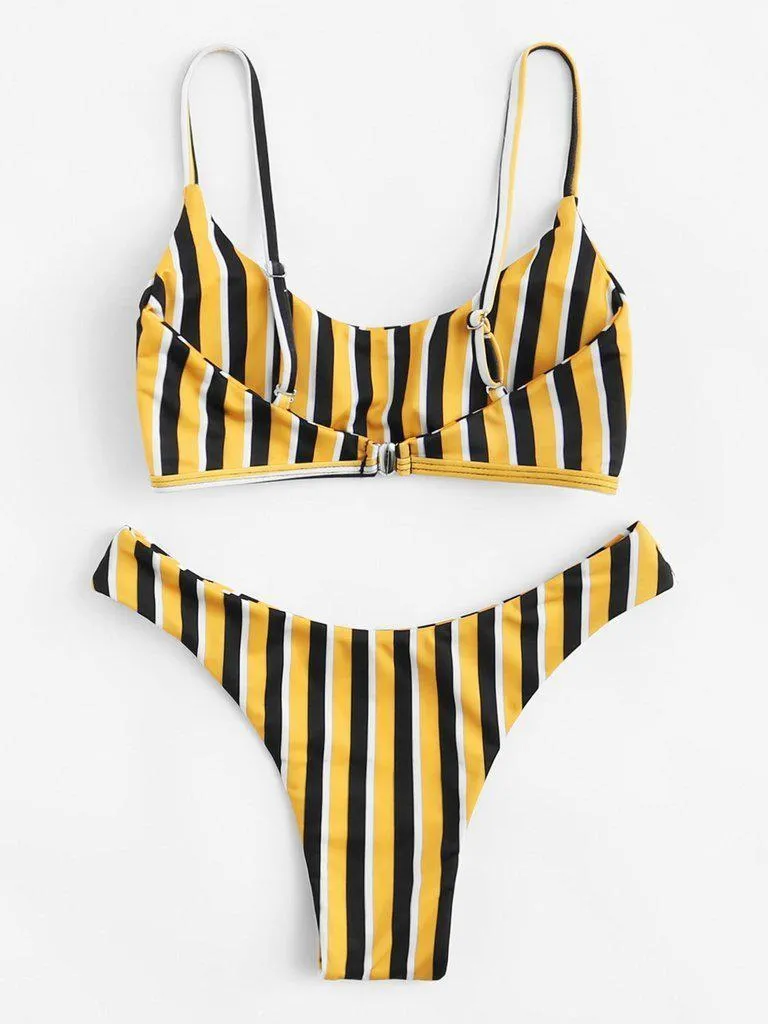 High Leg Striped Bikini Set