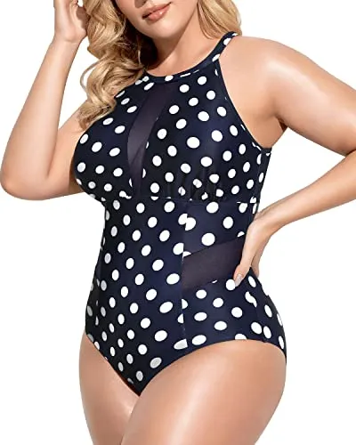 High-Neck Monokini Tummy Control For Plus Size Women-Blue Dots