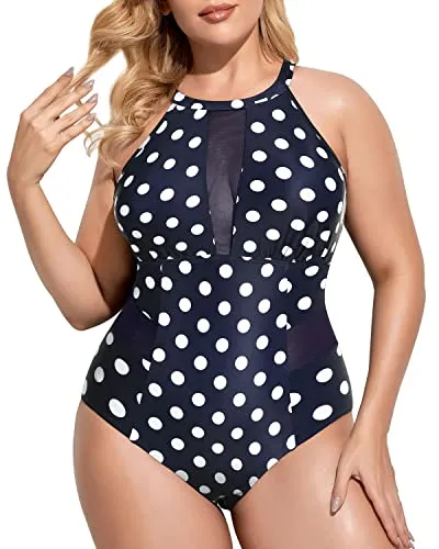 High-Neck Monokini Tummy Control For Plus Size Women-Blue Dots