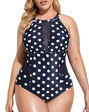 High-Neck Monokini Tummy Control For Plus Size Women-Blue Dots