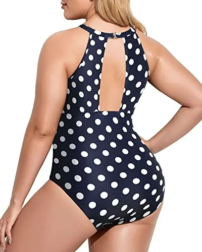 High-Neck Monokini Tummy Control For Plus Size Women-Blue Dots