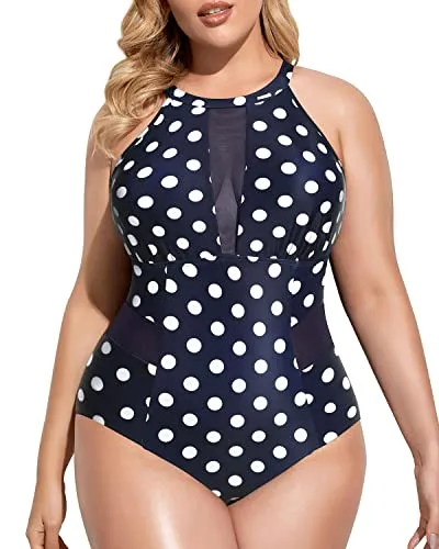 High-Neck Monokini Tummy Control For Plus Size Women-Blue Dots