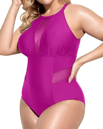 High Neck Plunge Mesh Cut Out Monokini Plus Size Swimsuit-Hot Pink