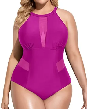 High Neck Plunge Mesh Cut Out Monokini Plus Size Swimsuit-Hot Pink
