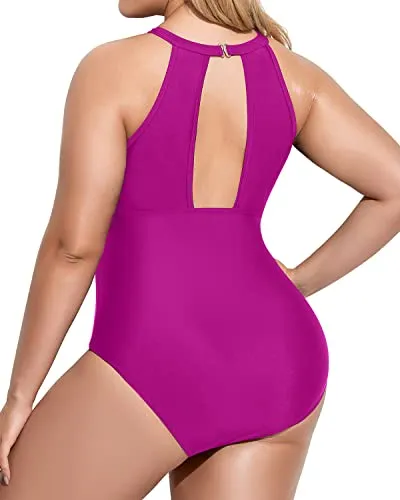 High Neck Plunge Mesh Cut Out Monokini Plus Size Swimsuit-Hot Pink
