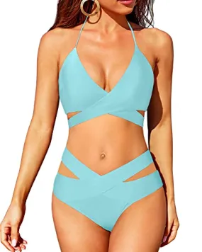 High Waisted Bikini Push Up Set Halter Wrap Criss Cross Two Piece Swimsuit-Mint Green