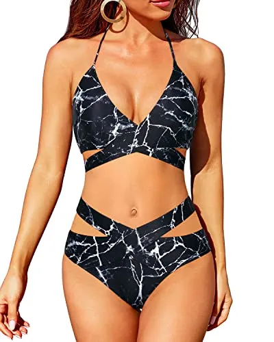 High Waisted Bikini Sets For Women Halter Wrap Criss Cross Two Piece Swimsuit-Black Marble