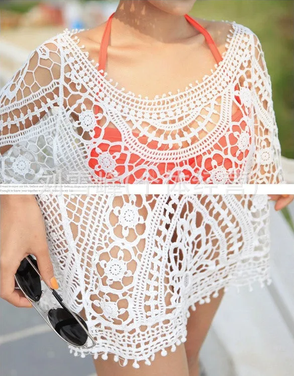 Hollow Out Crochet Half Sleeves Bikini Swimwear Cover Up Beach Dress
