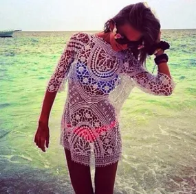 Hollow Out Crochet Half Sleeves Bikini Swimwear Cover Up Beach Dress