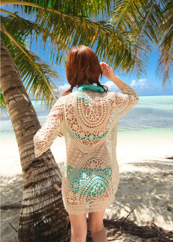 Hollow Out Crochet Half Sleeves Bikini Swimwear Cover Up Beach Dress