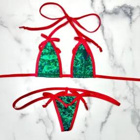 Holographic Dark Green with Red Christmas Bows Micro G-string Set
