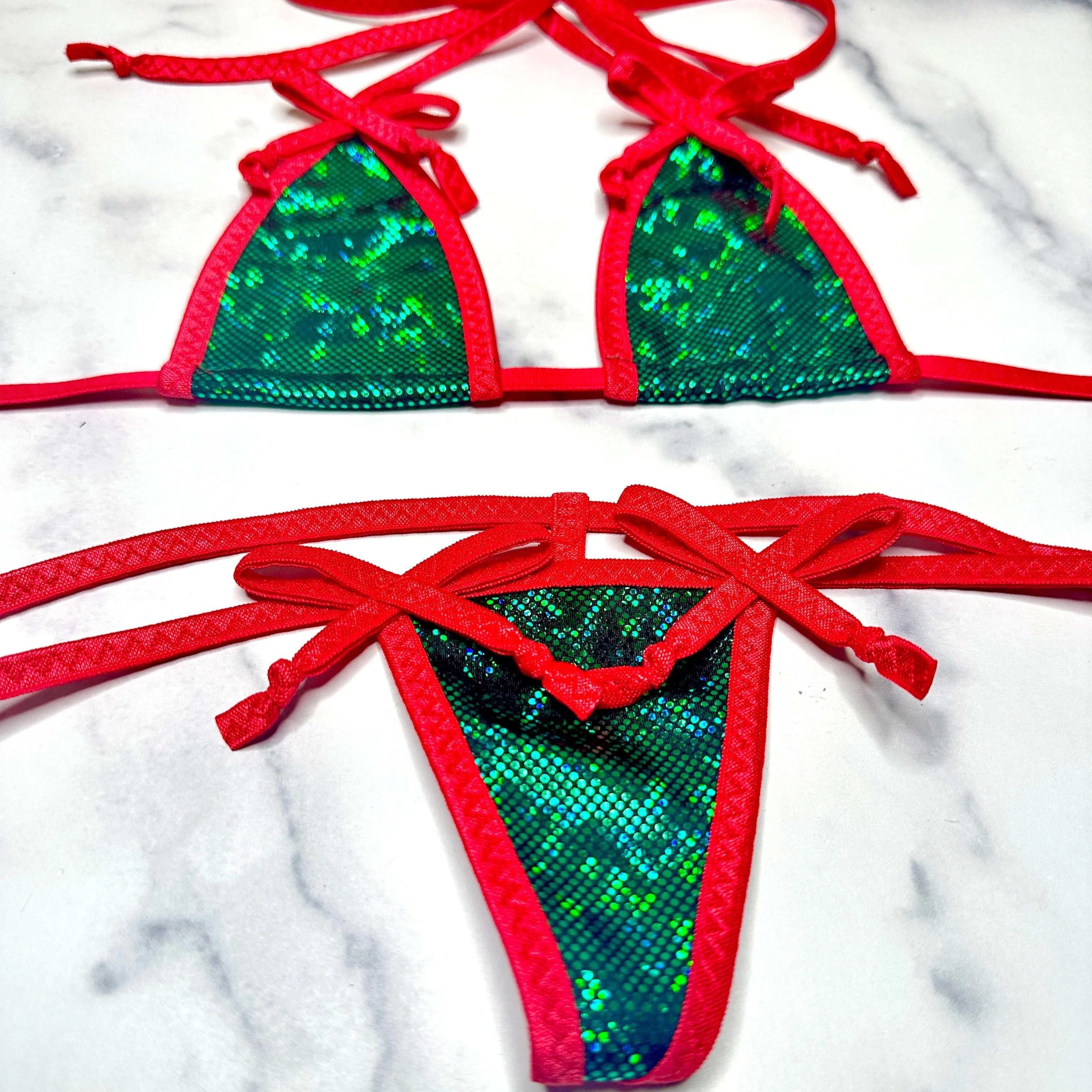 Holographic Dark Green with Red Christmas Bows Micro G-string Set