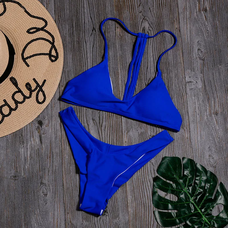 Hot Halter Bright Color Low Rise Thong Bottom Bikinis