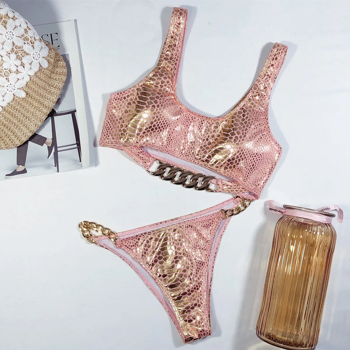 Hot Sequin Chain Mid Rise Thong Bottom Bikinis