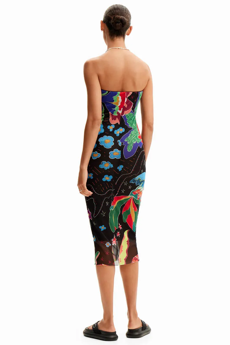 Jungle Design Bandeau Midi Dress