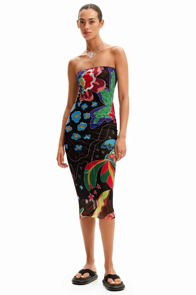 Jungle Design Bandeau Midi Dress