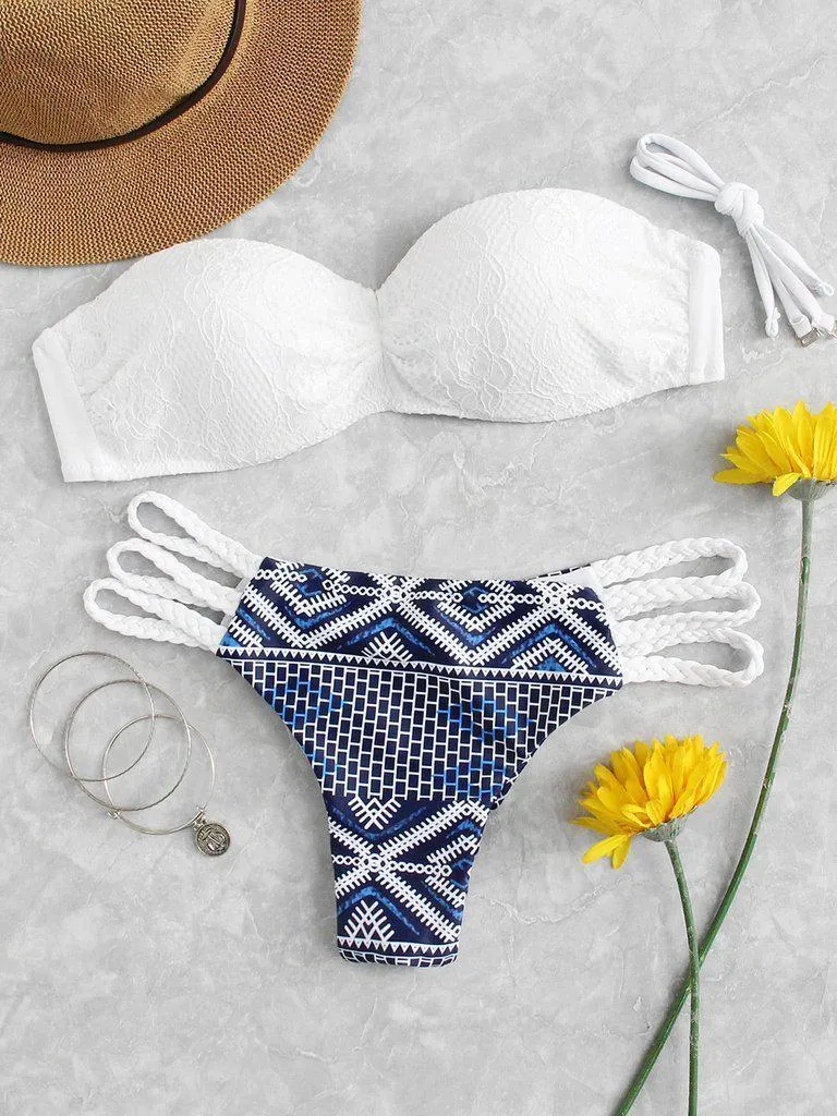 Lace Overlay Geometric Pattern Bikini Set