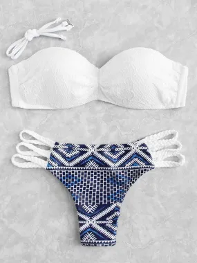 Lace Overlay Geometric Pattern Bikini Set