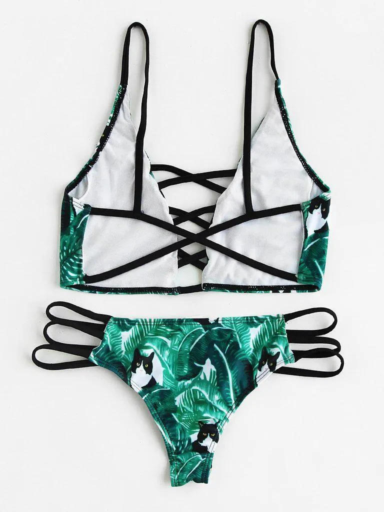 Leaf Print Criss Cross Bikini Set