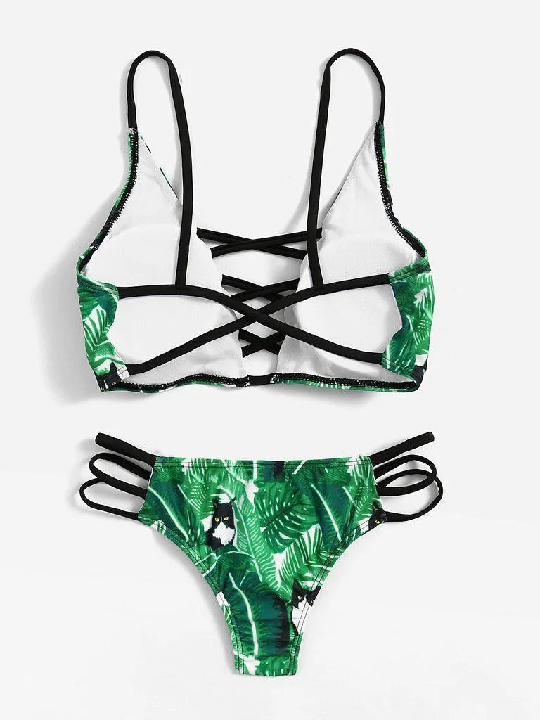 Leaf Print Criss Cross Bikini Set