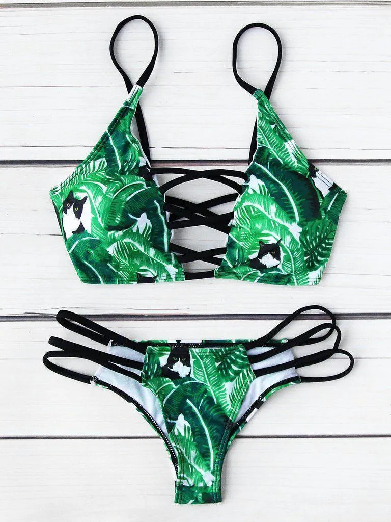 Leaf Print Criss Cross Bikini Set