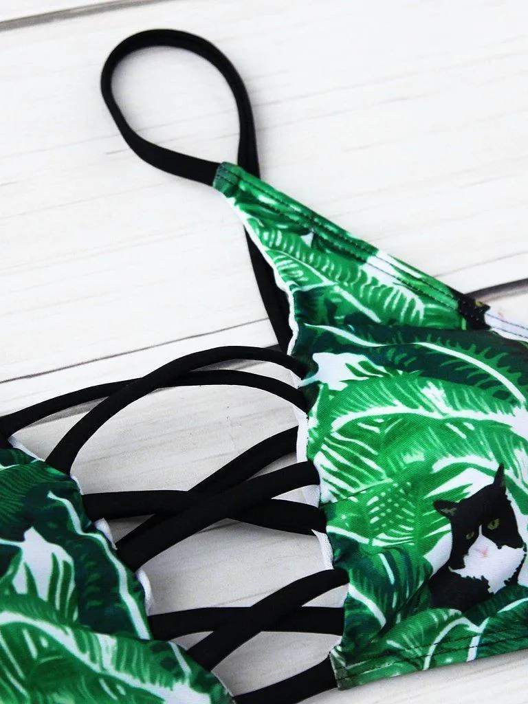 Leaf Print Criss Cross Bikini Set