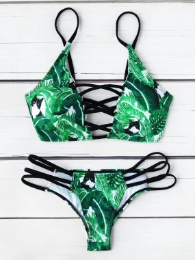 Leaf Print Criss Cross Bikini Set